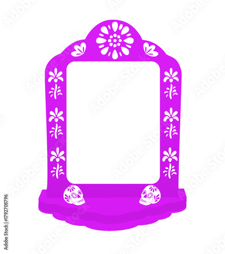 Mexican papel picado border design - decorated border with skull motifs and floral patterns. Traditional fiesta banner for Dia de los Muertos.