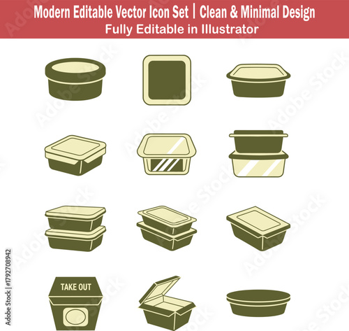 Minimalist 2D food container icon set, flat vector round, square, rectangle, stackable, takeout, olive cream design