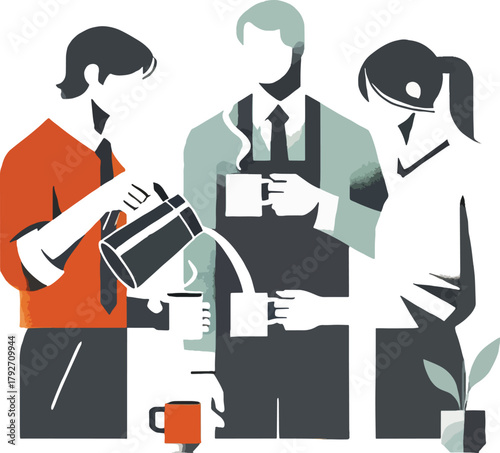 Three people pouring and drinking coffee illustration