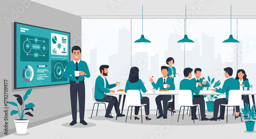 Business Team Meeting During Lunch Break With Data Analytics Display