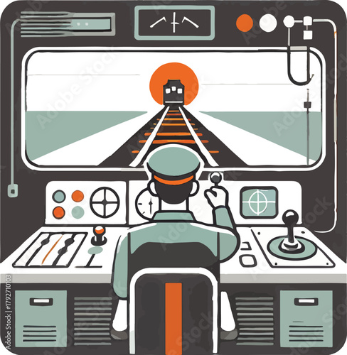 Train conductor at controls looking at tracks cockpit