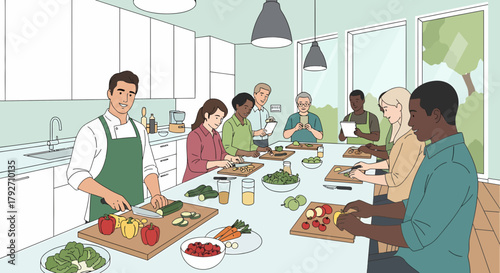 Cooking Class With Chef, Diverse Group Preparing Healthy Dishes