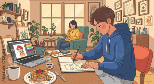 Cozy Home Studio Featuring Digital Art, Sketching, and a Relaxing Ambience