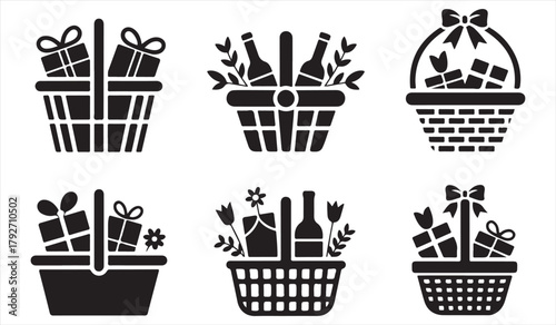 Stylized festive basket set with presents, flowers, and bottle arrangements