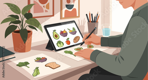 Digital Artist Creating Food Illustrations On Tablet Device At Home
