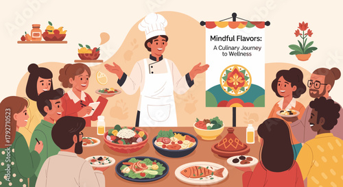 Culinary Wellness Journey Presentation With Chef And Diverse Audience