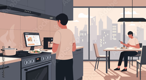 Digital Cooking Learning New Recipe At Home And Enjoying Meal