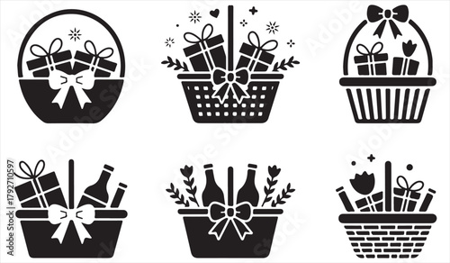 Vector illustration of assorted gift baskets with bows and decorative elements