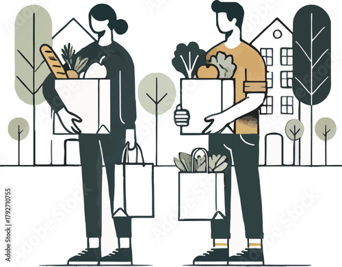 Two people carrying grocery bags with food and produce