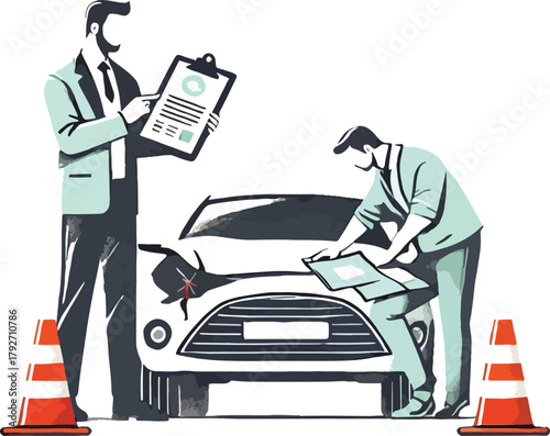 Two men inspect damaged car with clipboards and traffic cones