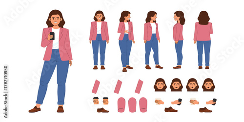 Woman Character Design with Poses and Facial Expressions