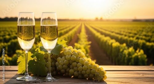Two glasses of champagne and grapes on a wooden table overlooking a vineyard at sunset