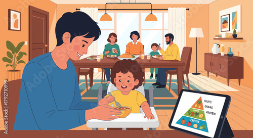 Family Dinner Featuring Nutritional Guide In A Brightly Lit Dining Room