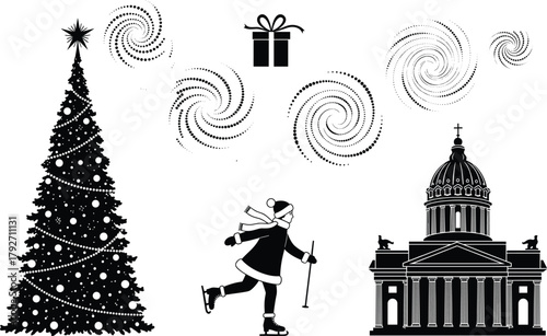 Winter holiday silhouette scene, Christmas tree, ice skating, gift box, snowflakes, festive building, seasonal decor, black figures, celebration, park view
