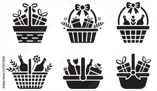 Decorative gift basket vector set filled with presents, flowers, and festive items
