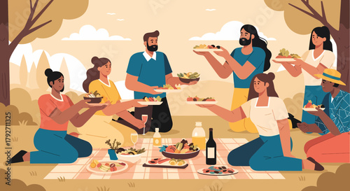 Gathering Of Friends Enjoying Picnic Outdoors With Food And Drinks