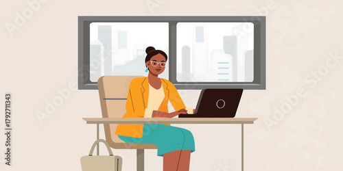 Businesswoman Working at Desk with Laptop in Office