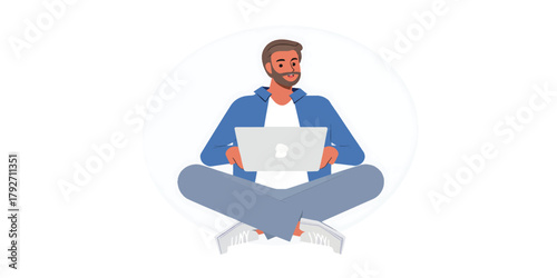 Happy freelancer man working remotely on a laptop computer, isolated flat vector character