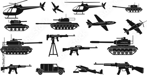 Military vehicle silhouette set, tanks, helicopters, rifles, fighter jets, black and white, weapon icons, defense equipment, combat illustration
