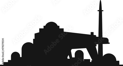 Mosque silhouette illustration, Islamic architecture design, dome and minaret, black and white, religious building, cultural heritage, spiritual symbol
