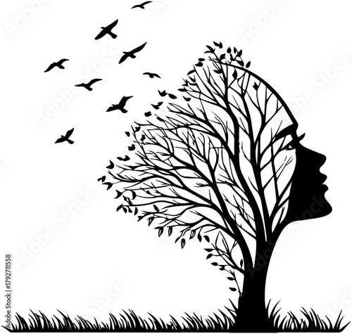 Silhouette of Tree Shaped as Human Face – Nature and Thought Concept