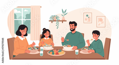 Healthy Family Enjoys Nutritious Salad Together at Dinner Table