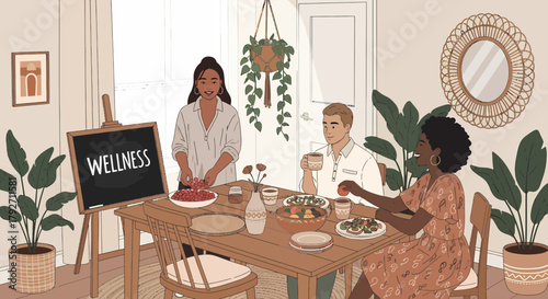 Harmonious Gathering Around Table Enjoying Healthy Food And Wellness