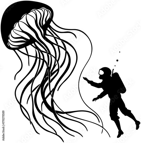 Silhouette of Diver Facing Giant Jellyfish – Dramatic Ocean Scene
