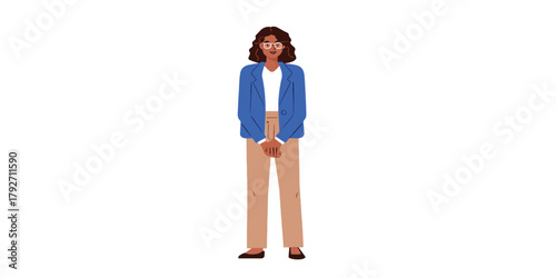Woman Standing with Hands Clasped Wearing Glasses and Blue Blazer