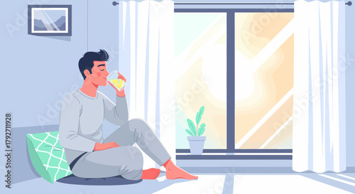 Man Enjoying Refreshing Drink by Window in Morning Light