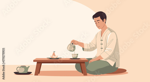 Man Pouring Tea In Traditional Setting For Cultural Ritual