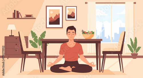 Man Practicing Meditation And Mindfulness In Cozy Home Environment