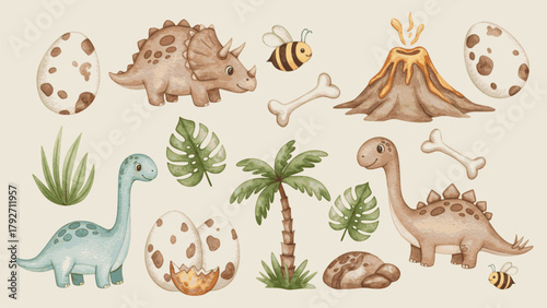 A charming watercolor collection of cute baby dinosaurs, eggs, a volcano, and prehistoric plants isolated on a light background.