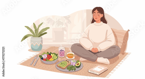 Mindful Morning Routine Woman Enjoying Healthy Breakfast At Home