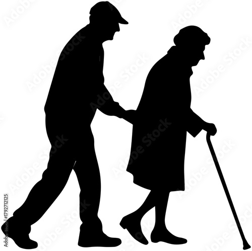 Silhouette of Elderly Person Walking with Support – Care and Companionship Scene