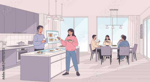 Modern Family Enjoying Meal Together In A Bright Kitchen Setting