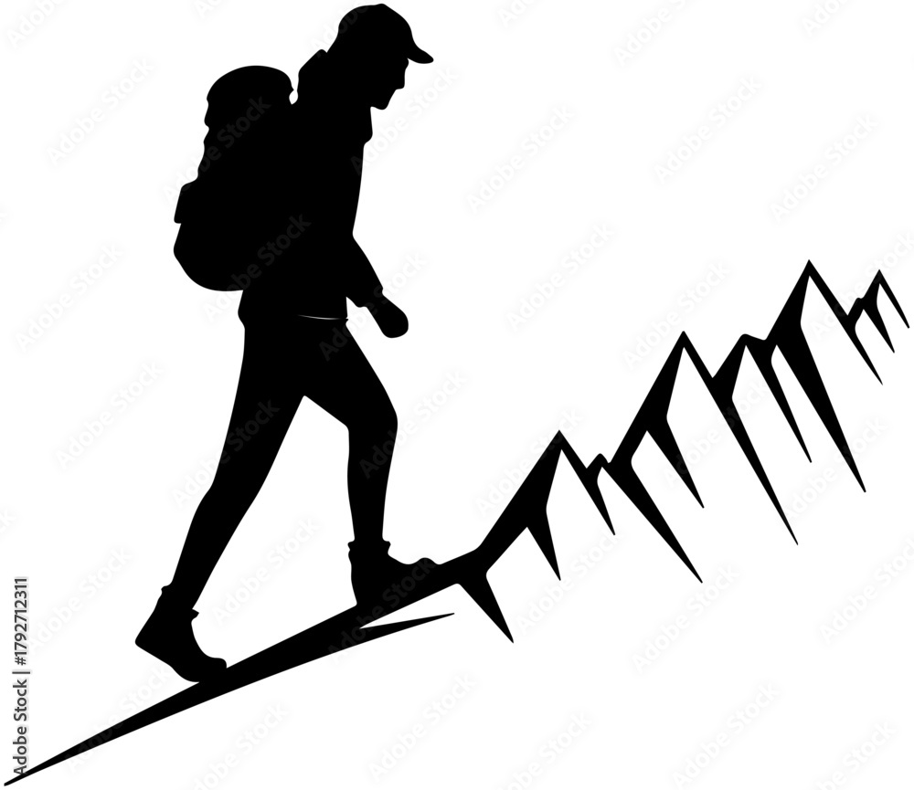 Naklejka premium Silhouette of Hiker Climbing Hill Toward Mountains – Adventure Scene