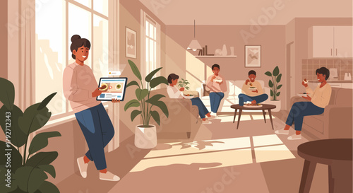 Relaxed At Home Young Adults Having Meal Together Indoors Flat Illustration