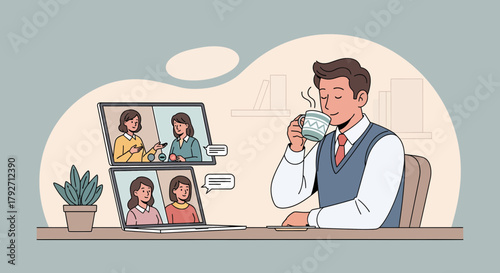 Remote Meeting Enjoying Coffee Break While Working From Home