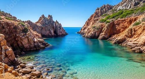 Stunning coastal landscape with turquoise water and rocky cliffs under blue sky.