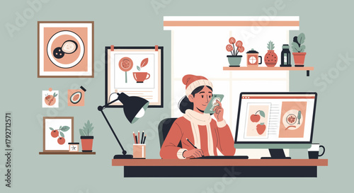 Woman Designing Fruit Illustrations At Home In A Cozy Environment