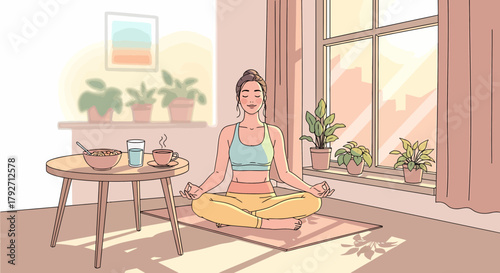 Serene Morning: Woman Practicing Yoga With Breakfast By The Window
