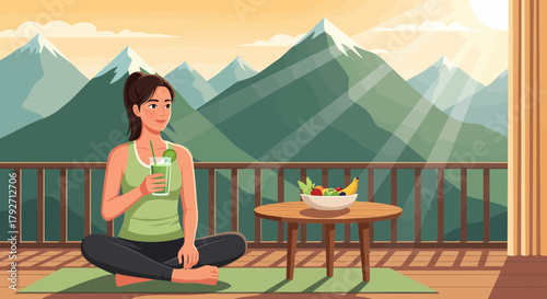Woman Enjoying Smoothie On Balcony With Mountain View And Healthy Fruits