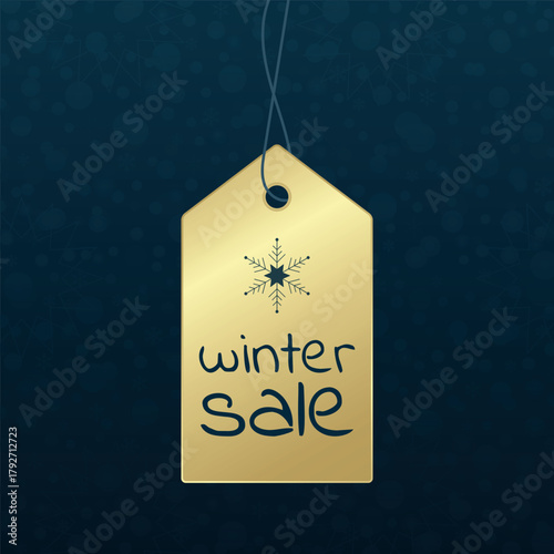 Winter sale vector shopping tag. Snowflakes background. Blue gold gradient illustration for business, shop, advertising, web design, marketing, retail, best offer, discount