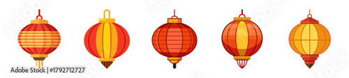 Five red and orange traditional paper lanterns hanging isolated