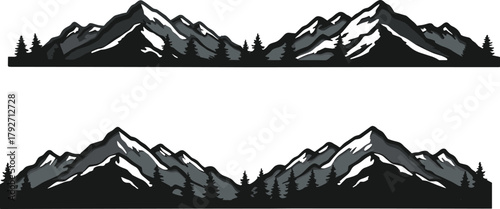 Mountain landscape silhouette design, vector mountain range illustration, pine tree forest art, nature adventure scene, outdoor hiking background, wilderness graphic