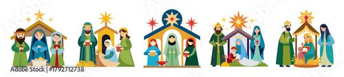 Peaceful nativity scene with figures and stable simplified art
