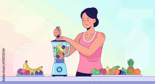 Woman Making Fresh Fruit Smoothie In Blender For Healthy Lifestyle