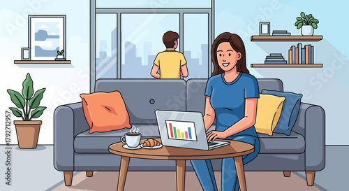 Woman Working From Home With Financial Graph On Computer Screen