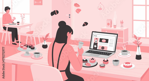 Woman Writes About Desserts On Blog In Cafe Flat Vector Style